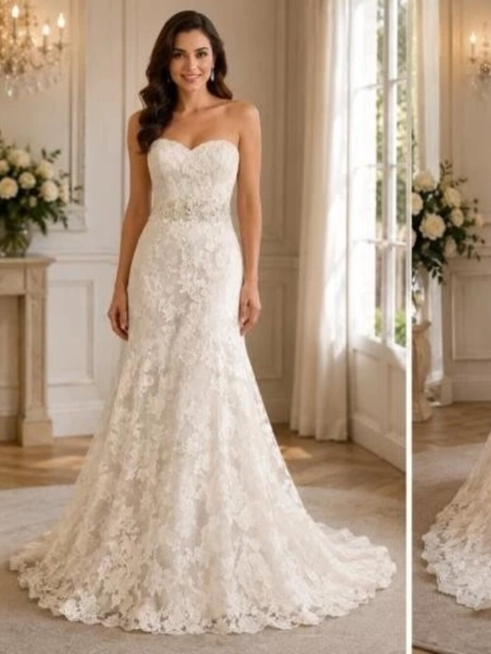 Signature Justin Alexander Pearl Silver Beaded Lace Wedding Gown